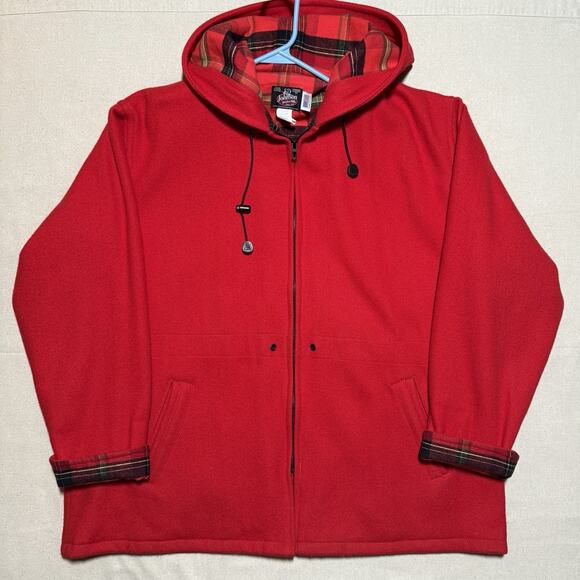 Johnson Woolen Mills Women’s Wool Anorak Scarlet Red Zip Up Hooded Coat SIZE L - Picture 1 of 7